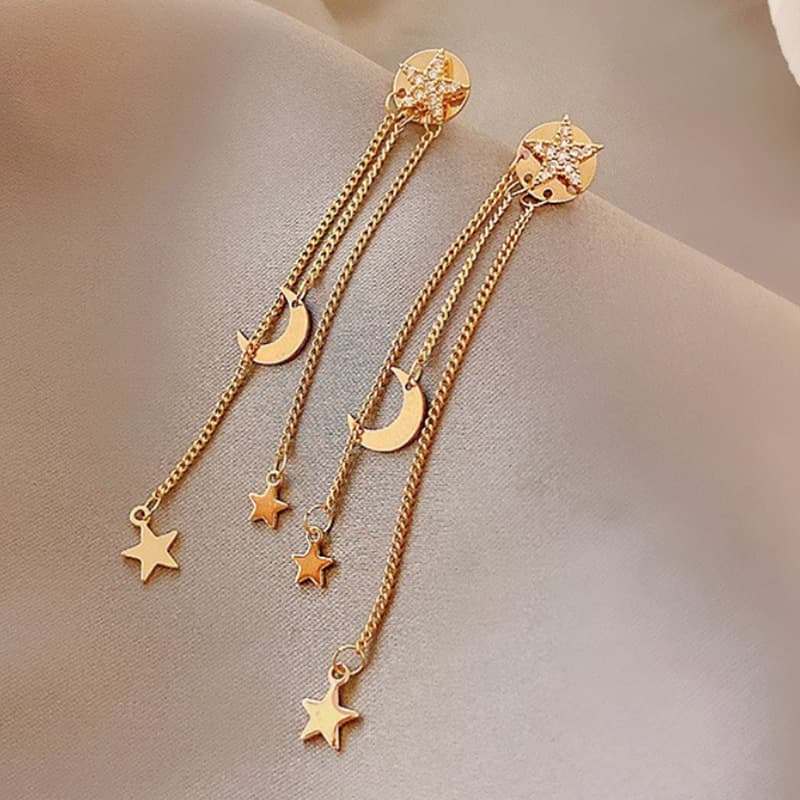 Silver Needle Long Star Moon Earrings - Image 1