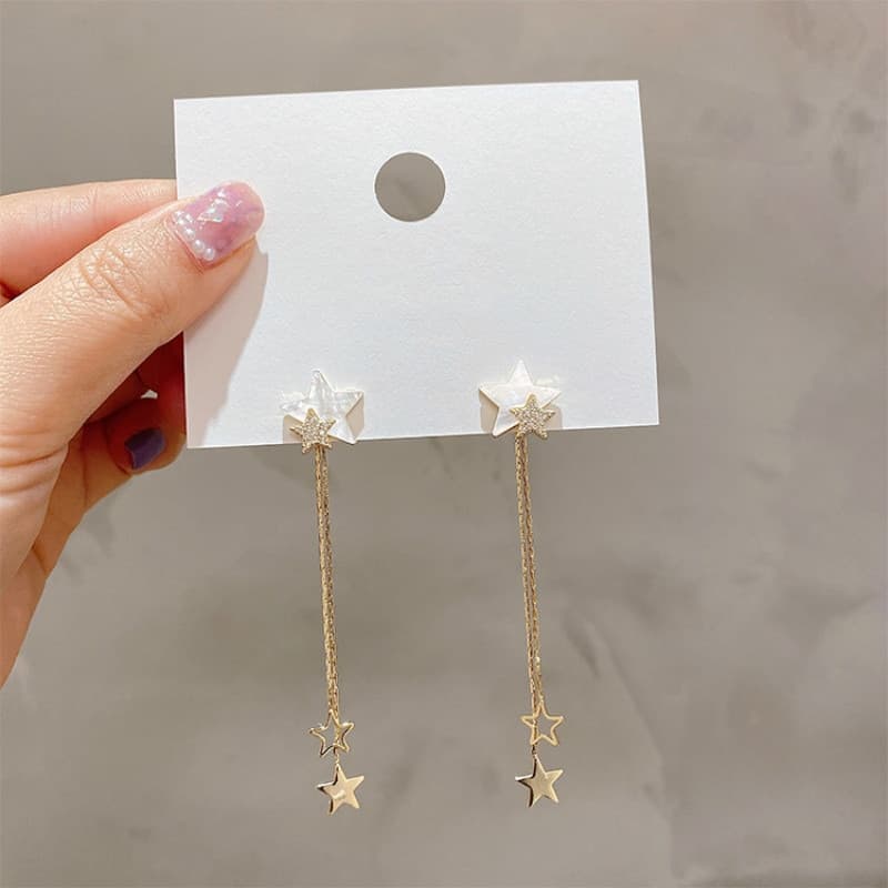 Silver Needle Star Tassel Earrings - Image 4