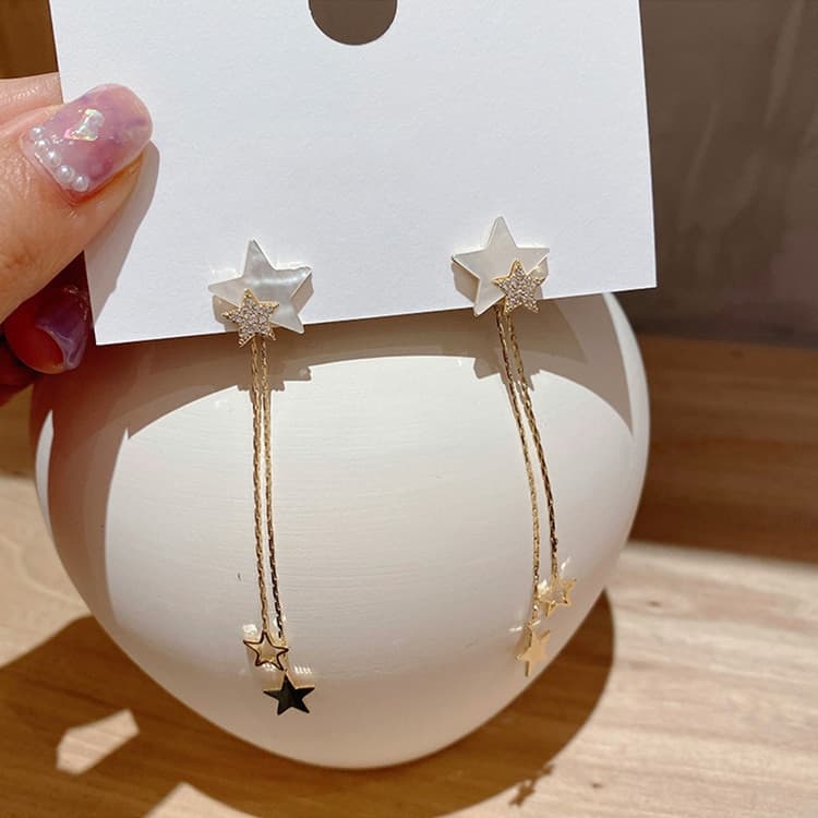 Silver Needle Star Tassel Earrings - Image 2