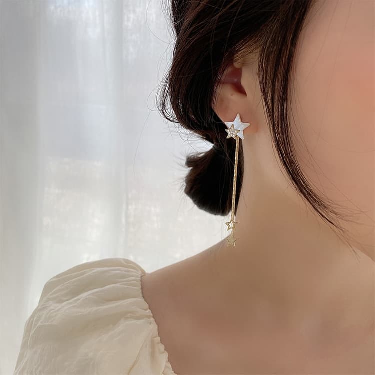 Silver Needle Star Tassel Earrings - Image 1